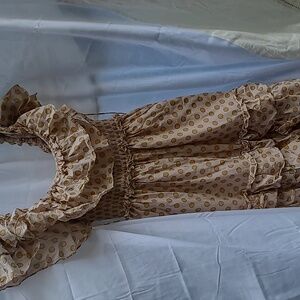 HAPPY X NATURE -SAVANNAH OFF SHOULDER TIERED MAXI DRESS -Tan polka dot Size S.